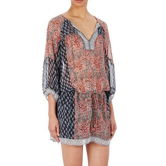 Ulla Johnson SALINAS Red & Blue Paisley 100% Silk 3/4 Sleeve Mini Dress Sz 0 - Picture 2 of 15